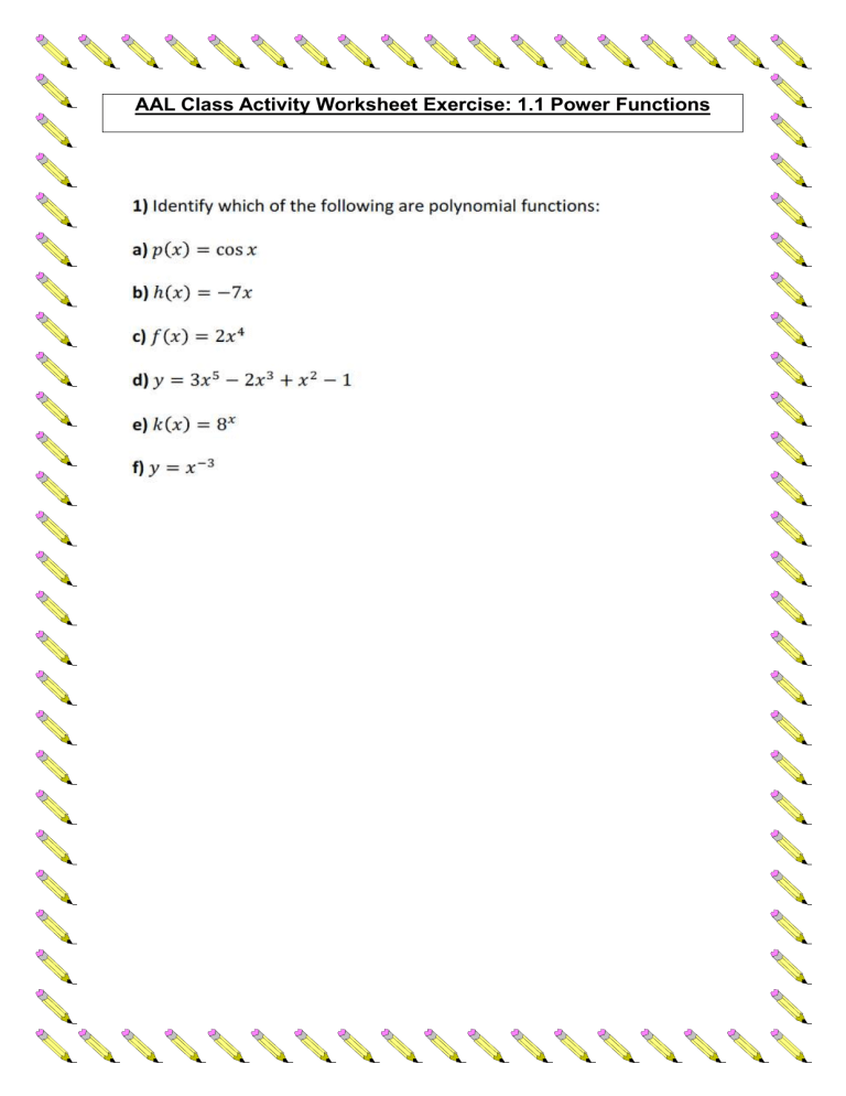 Power Functions & Polynomials Worksheet | AAL Class Math Exercise