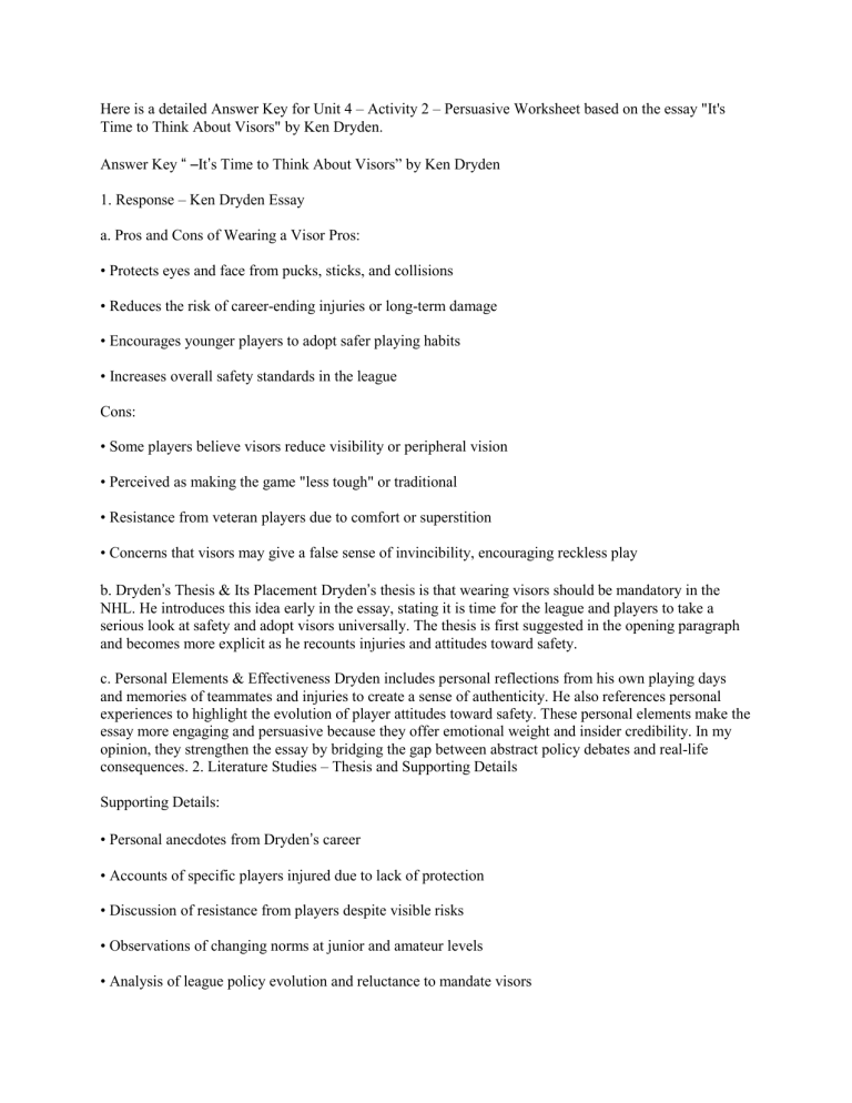 Ken Dryden's Visors Essay Answer Key | Persuasive Worksheet Unit 4