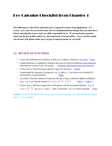 Pre-Calculus Review Checklist: Functions & Trigonometry