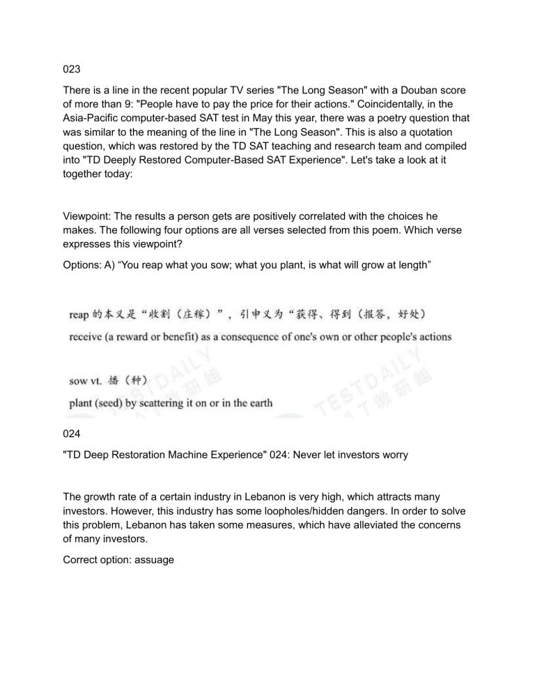 TD Deeply Restored SAT Practice Questions: Reading & Vocabulary
