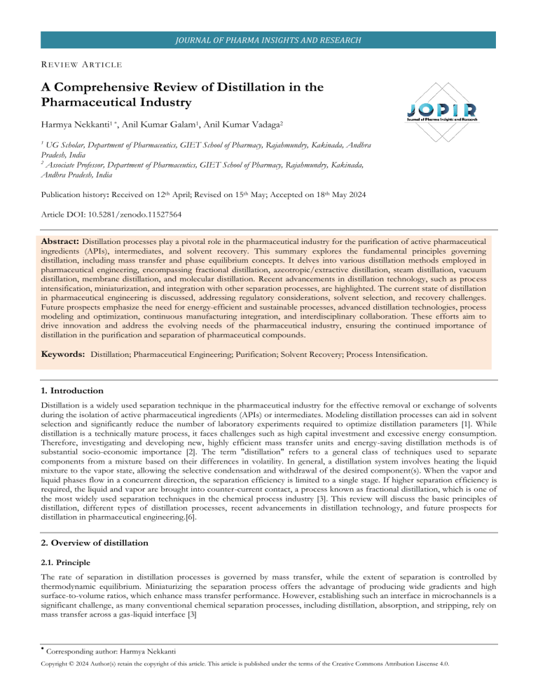 A Comprehensive Review of Distillation in Pharmaceutical Industry