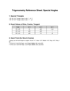 Trigonometry Reference Sheet: Special Angles, Sine, Cosine, Tangent