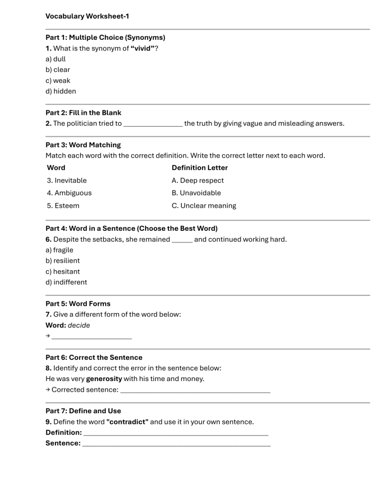 Vocabulary Worksheet: Synonyms, Antonyms, and Word Usage