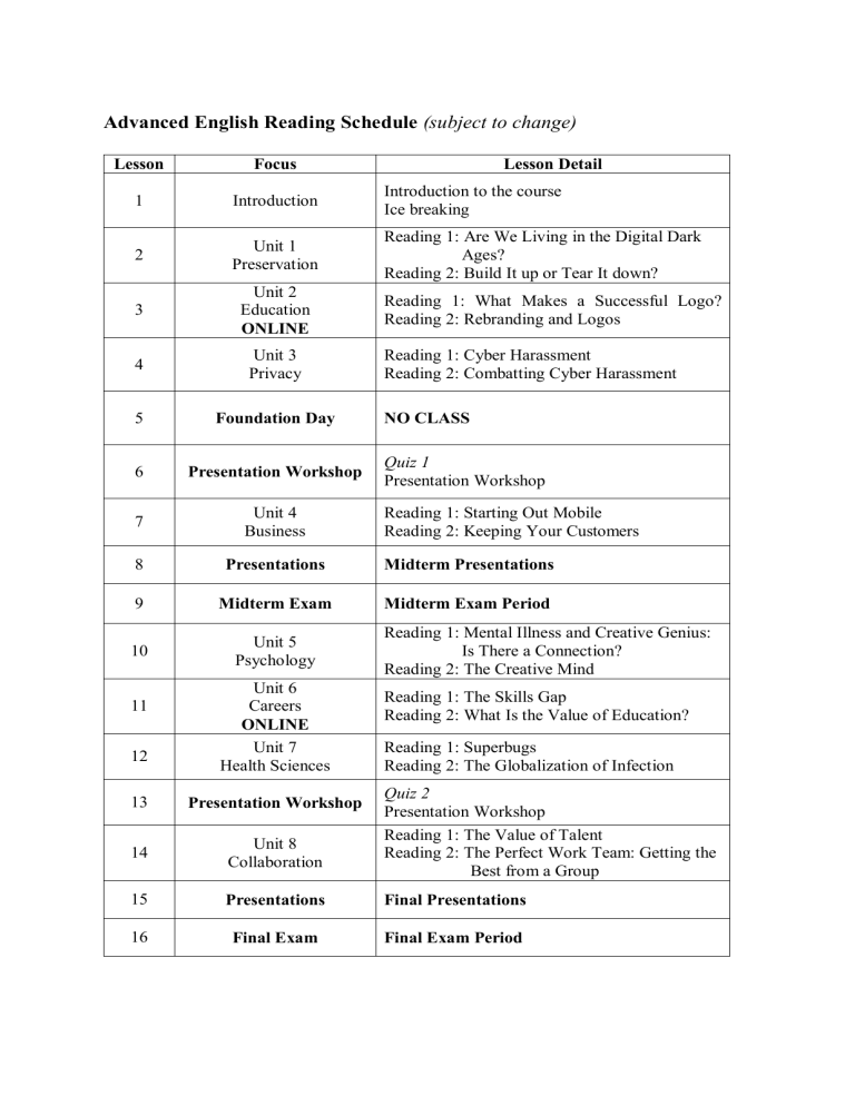 Advanced English Reading Course Schedule | College Syllabus