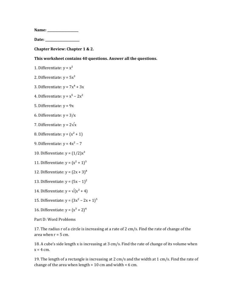 Calculus Differentiation Worksheet: Chapter 1 & 2 Review