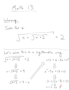 Math 13 Algebra Warmup: Solving Radical Equations & Linear Eqns