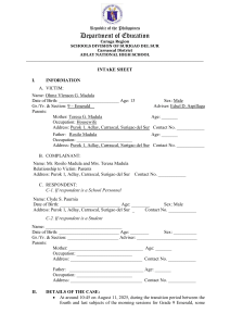 Adlay NHS Intake Sheet: Student-Teacher Incident