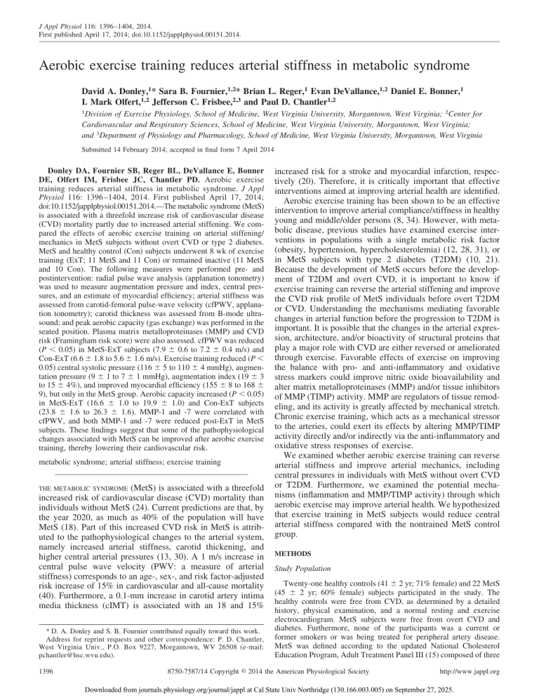 Aerobic Exercise Training Reduces Arterial Stiffness in Metabolic Syndrome