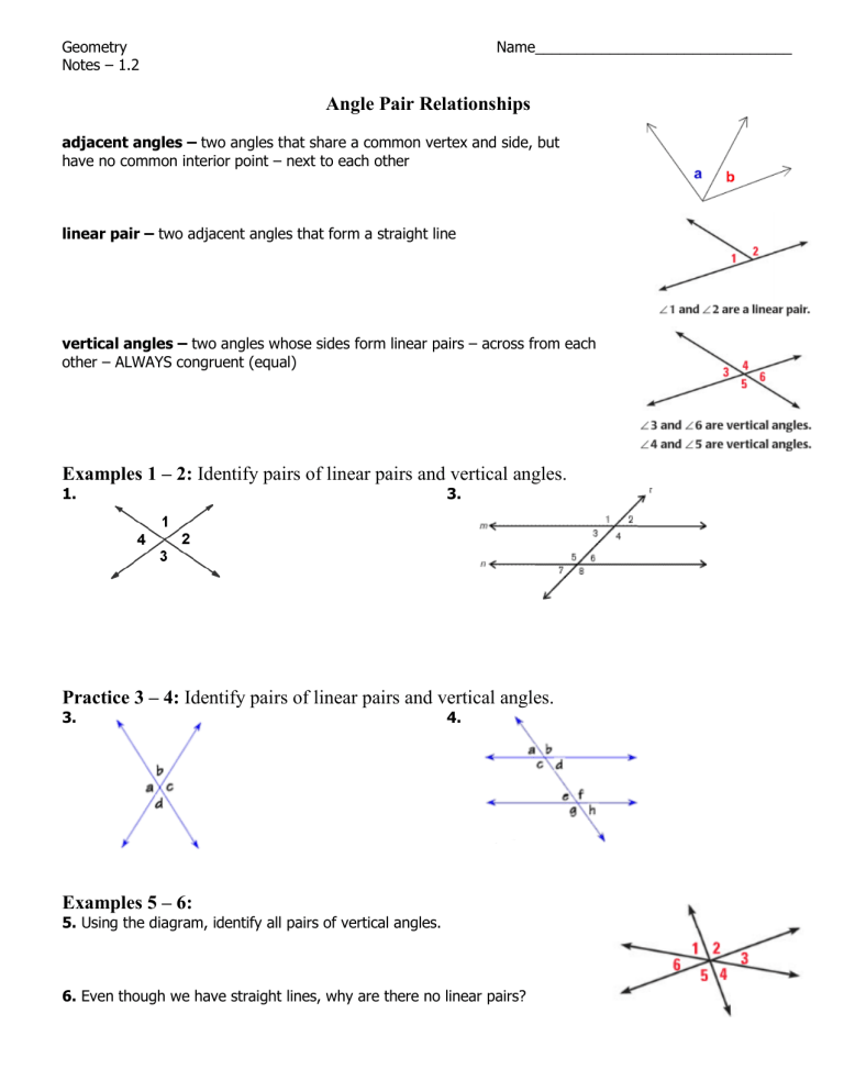 Geometry Angle Pair Relationships: Notes, Examples & Practice