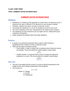 Summary Notes on Electrical Resistance & Ohm's Law for High School