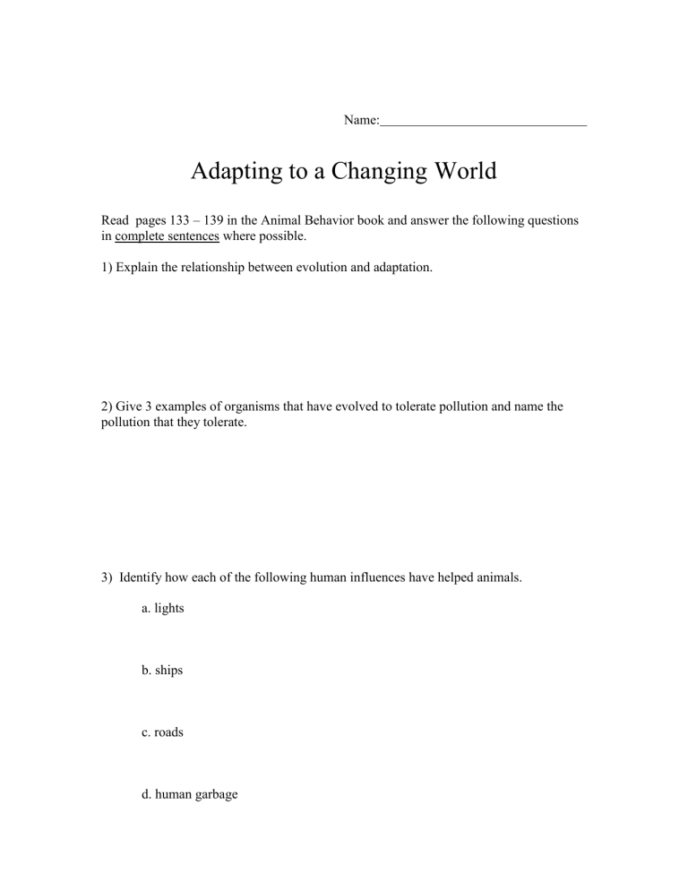 Adapting to a Changing World Worksheet