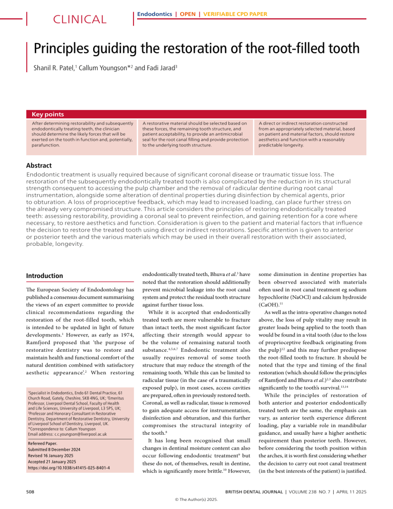 Restoration of Root-Filled Teeth: Principles & Clinical Guidance