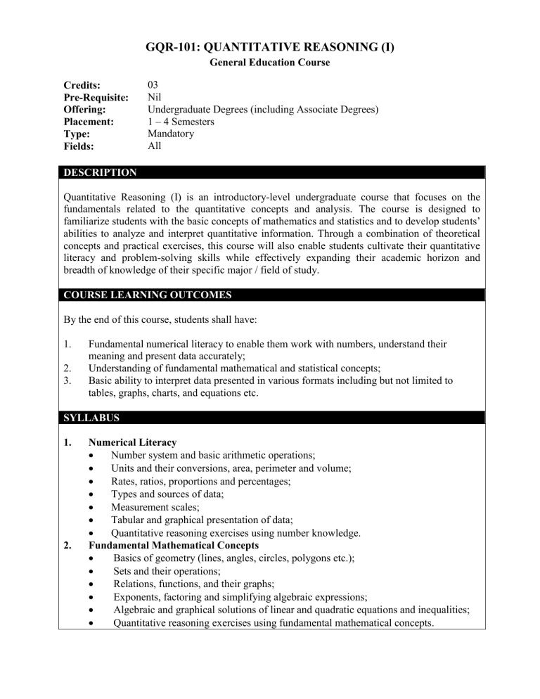Quantitative Reasoning Course Syllabus