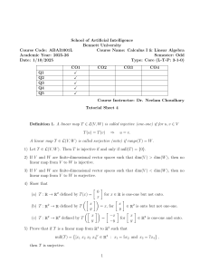 Linear Maps Tutorial Sheet 4: Injective, Surjective, Null Space & Range