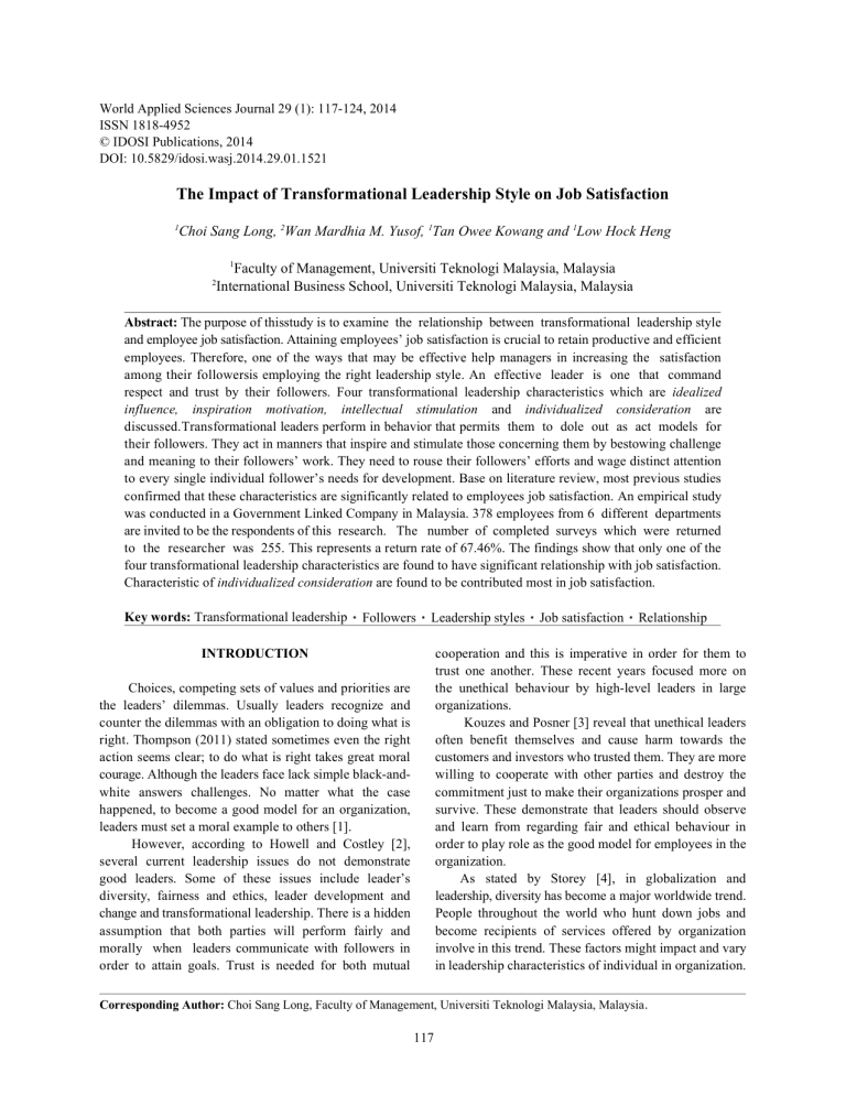 Transformational Leadership Style & Employee Job Satisfaction in Malaysia