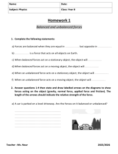 Year 8 Physics Homework: Balanced & Unbalanced Forces Worksheet