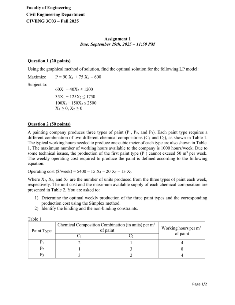 CIVENG 3C03 Assignment 1: Linear Programming Problems (Fall 2025)
