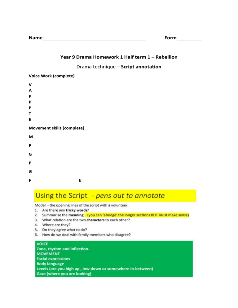 Year 9 Drama Homework: Script Annotation & Rebellion