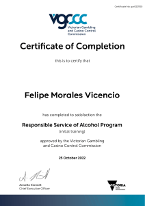 Responsible Service of Alcohol Certificate - Felipe Morales