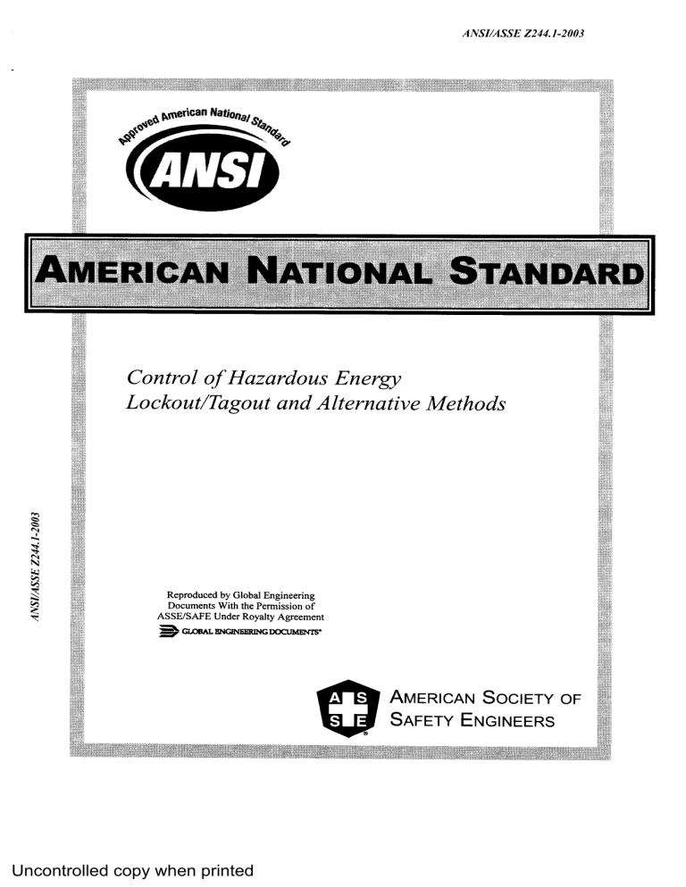ANSI Standard: Hazardous Energy Control - Lockout/Tagout