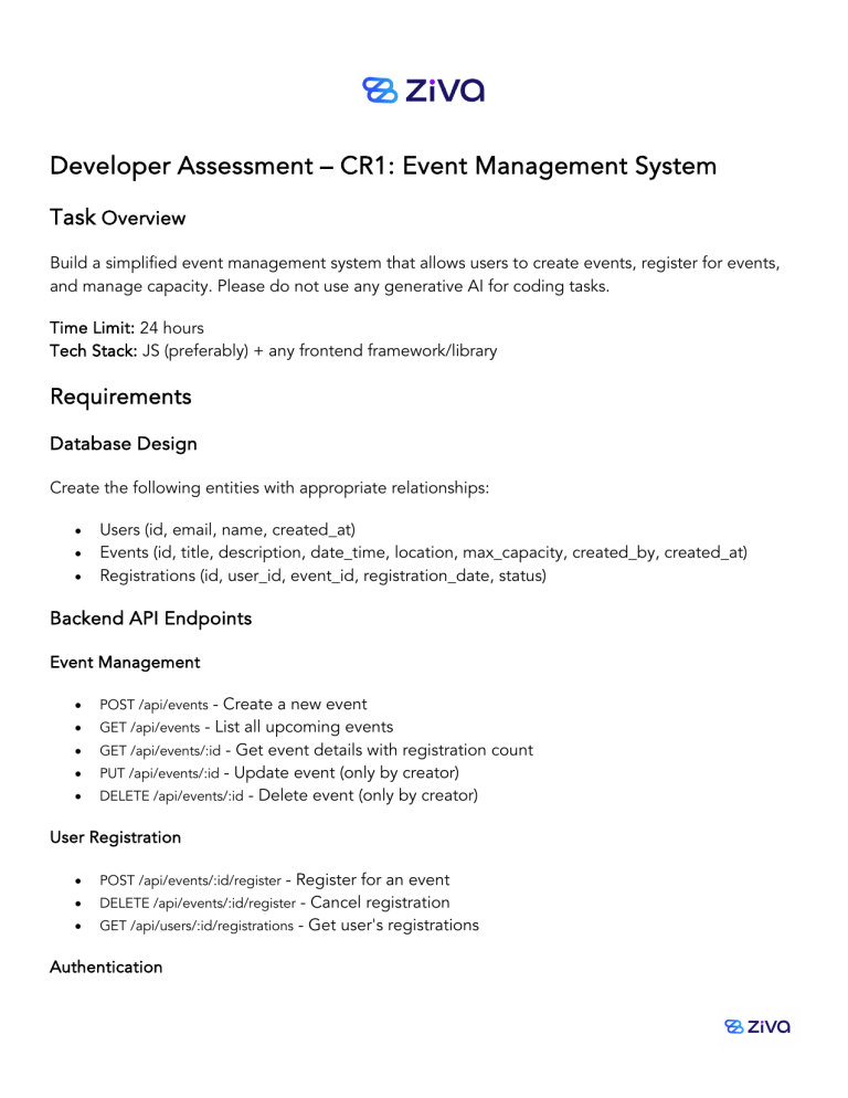 Developer Assessment: Event Management System - JS Frontend/Backend API
