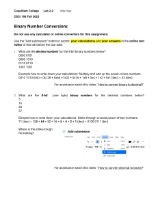 Binary Number Conversions Lab - CSCI 100 Coquitlam College