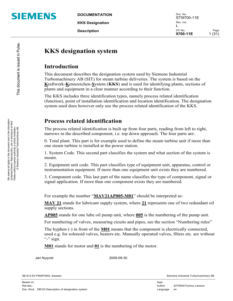 Siemens KKS Designation System for Steam Turbines