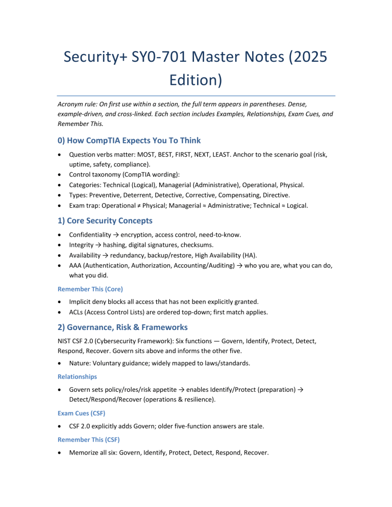 Security+ SY0-701 Master Notes (2025 Edition)