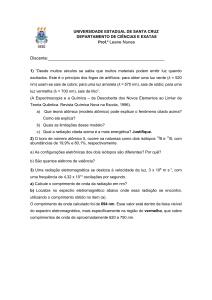 Lista de Exerc&iacute;cios de Qu&iacute;mica: Teoria At&ocirc;mica e Espectroscopia