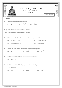 Mathematics Worksheet - Indices for Grade 7