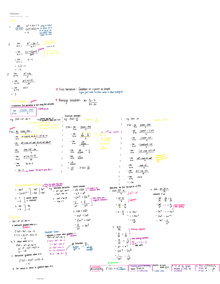 Calculus Notes: Limits, Derivatives, and Practice
