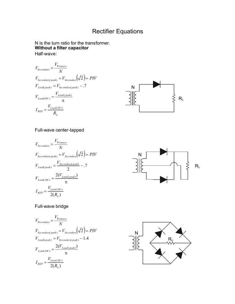 Rectifier Equations: Half-wave, Full-wave, Bridge with/without Filter