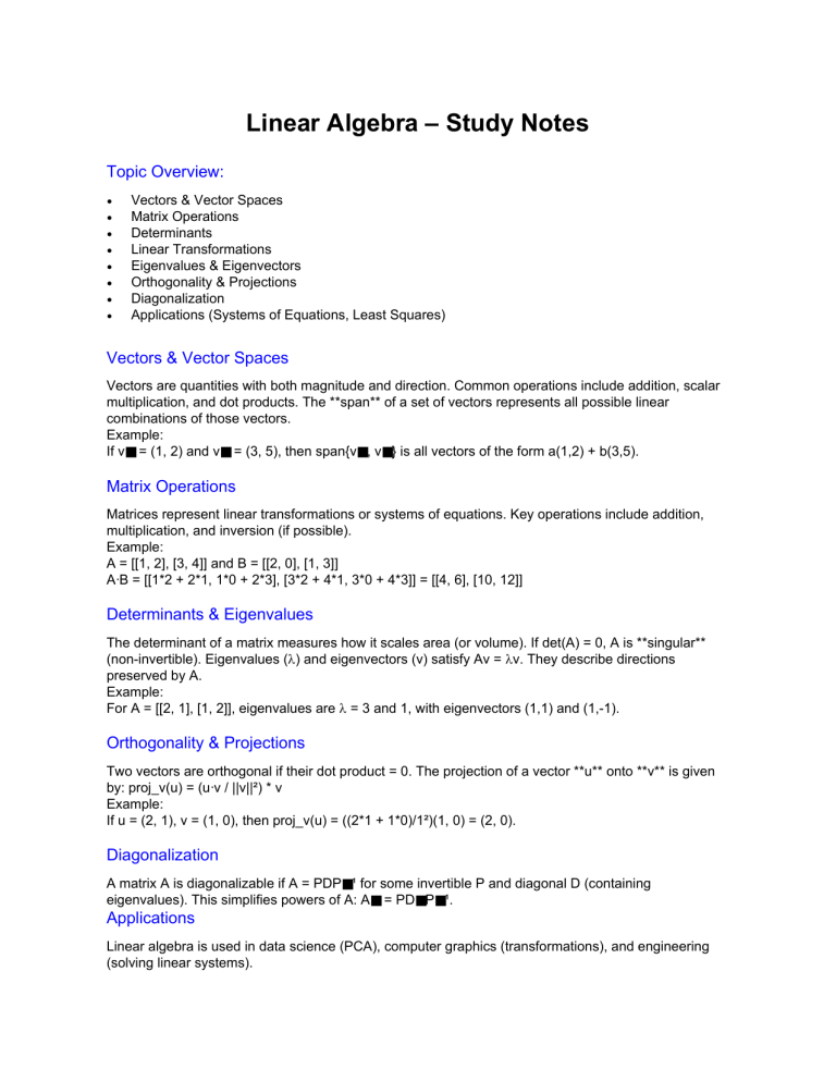 Linear Algebra Study Notes Vectors Matrices Eigenvalues