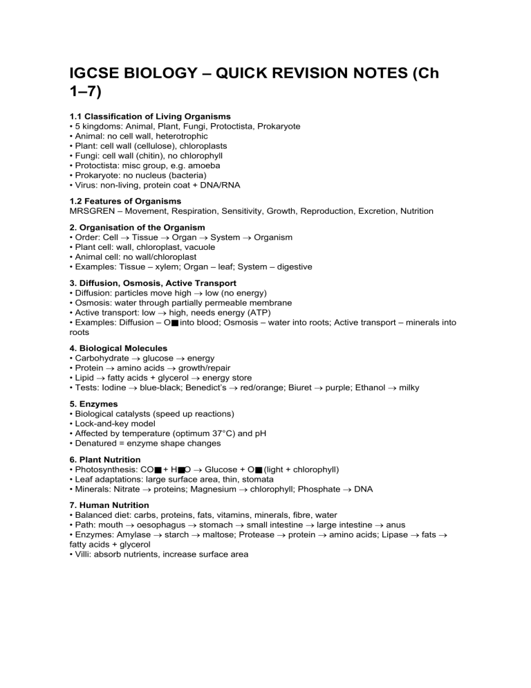 IGCSE Biology Revision Notes (Ch 1-7)