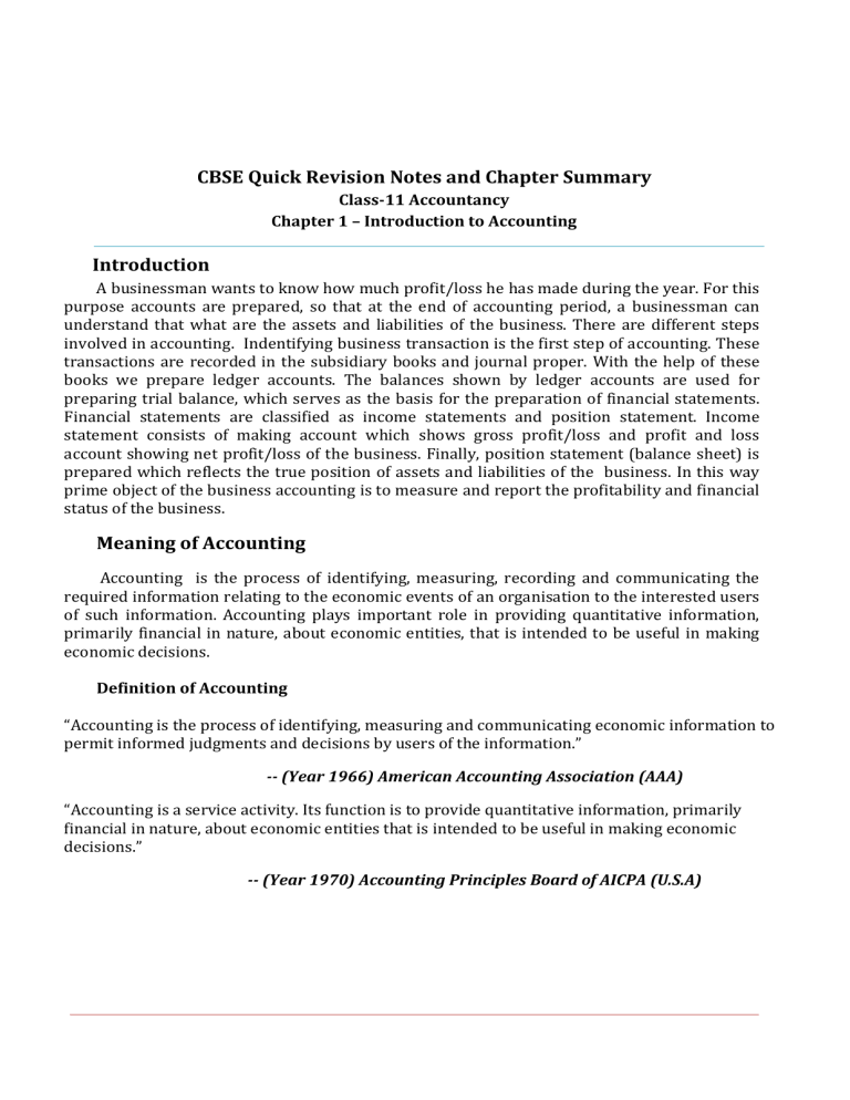 CBSE Class 11 Accountancy: Introduction to Accounting Revision Notes