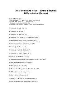 AP Calculus AB Prep Limits Implicit Review Worksheet