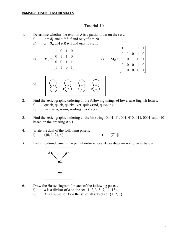Discrete Mathematics Tutorial 10: Partial Orders & Hasse Diagrams