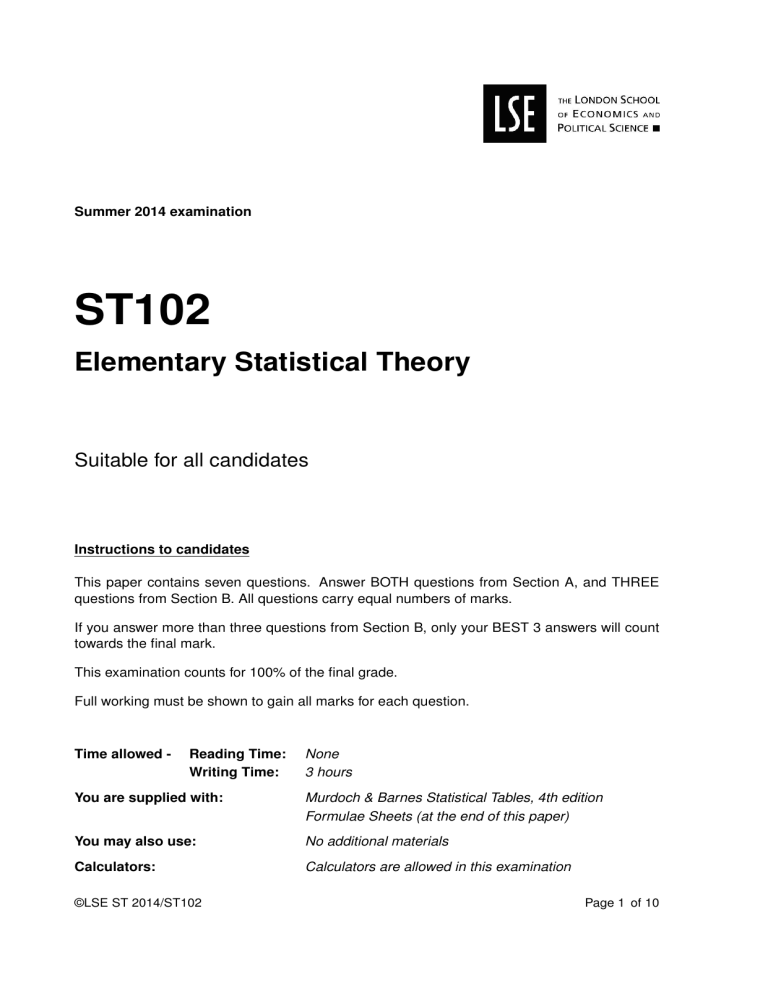 ST102 Elementary Statistical Theory 2014 Exam Paper