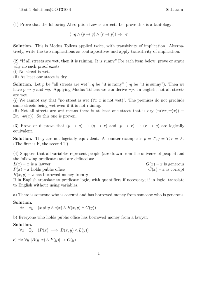 Test 1 Solutions COT3100: Discrete Math & Logic Problems