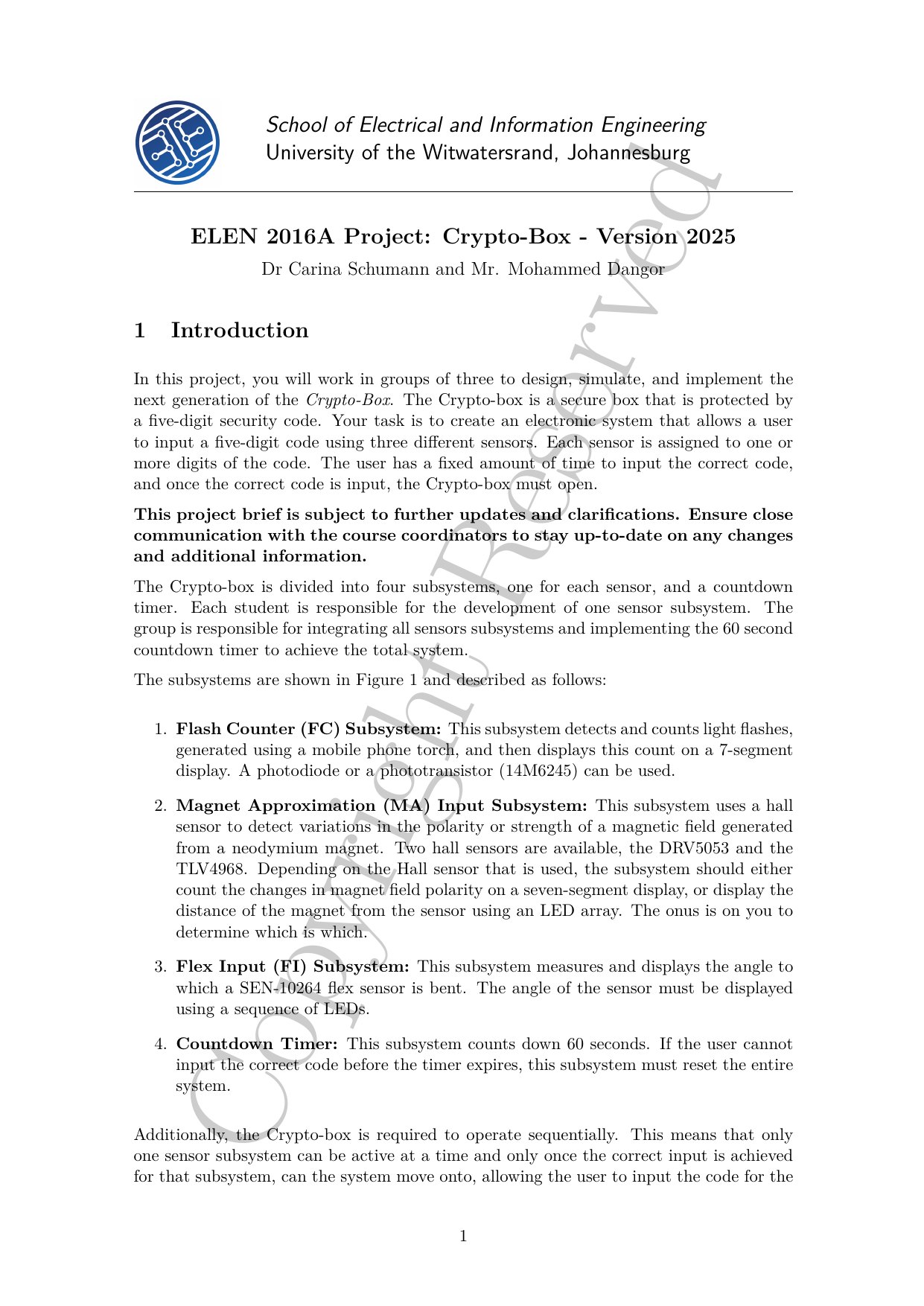 ELEN 2016A Crypto-Box Project Brief: Electrical Engineering