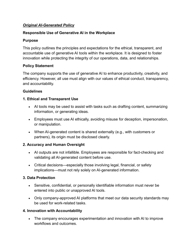Responsible AI Use Policy: Evaluation & Revision for Workplace Ethics