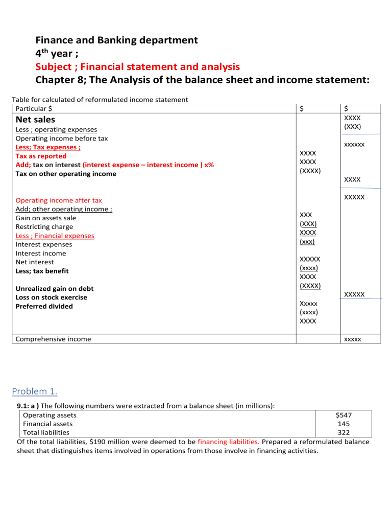 Financial Statement Example Problems Financial Statement Analysis Problem Set