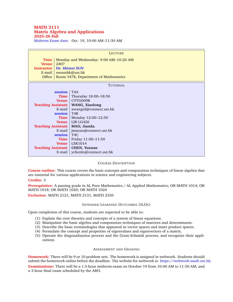 MATH 2111 Matrix Algebra Syllabus | HKUST 2025-26 Fall