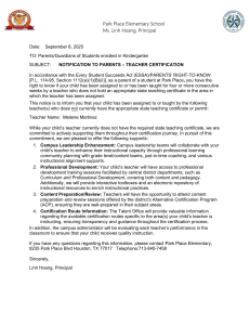 Park Place Elementary: Kindergarten Teacher Certification Notice 2025