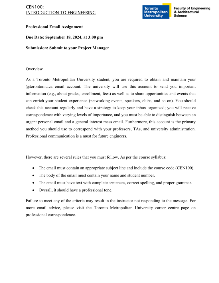 CEN100 Professional Email Assignment: Job Shadowing Request Guide