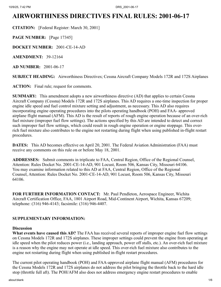 Cessna 172R/172S Airworthiness Directive 2001-06-17