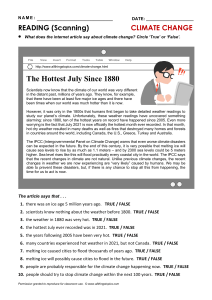 Climate Change Reading Comprehension Worksheet