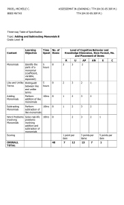 Grade 8 Math Test: Adding & Subtracting Monomials - TOS & Questions