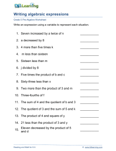 Grade 5 Pre-Algebra Worksheet: Writing Algebraic Expressions