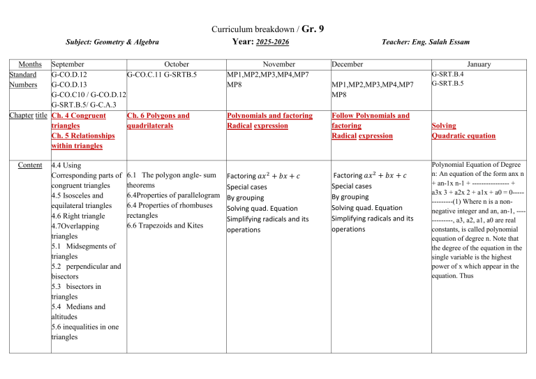 Gr. 9 Geometry & Algebra Curriculum Breakdown 2025-2026